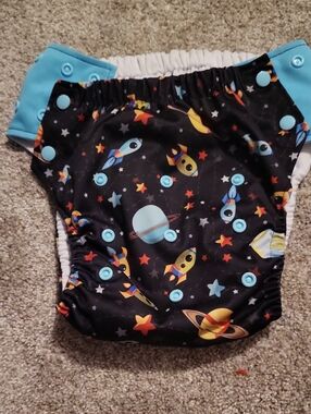 Reusable Kids BIG SIZE Space Rocket Sleep Diaper - Black with Blue Accents